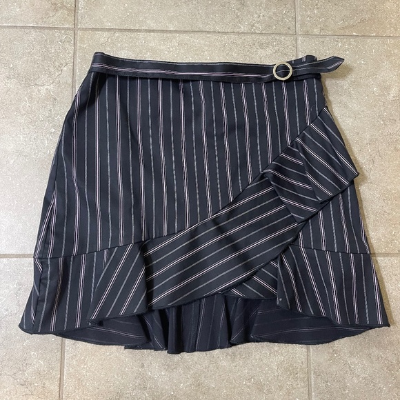 bebe Dresses & Skirts - Bebe Black White Pink  Pinstripe Asymmetric Mini Skirt